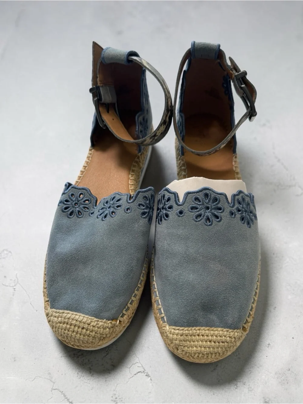 Crown Vintage Blue Denim Espadrille Ankle-Strap Wedges with Cowhide Accent